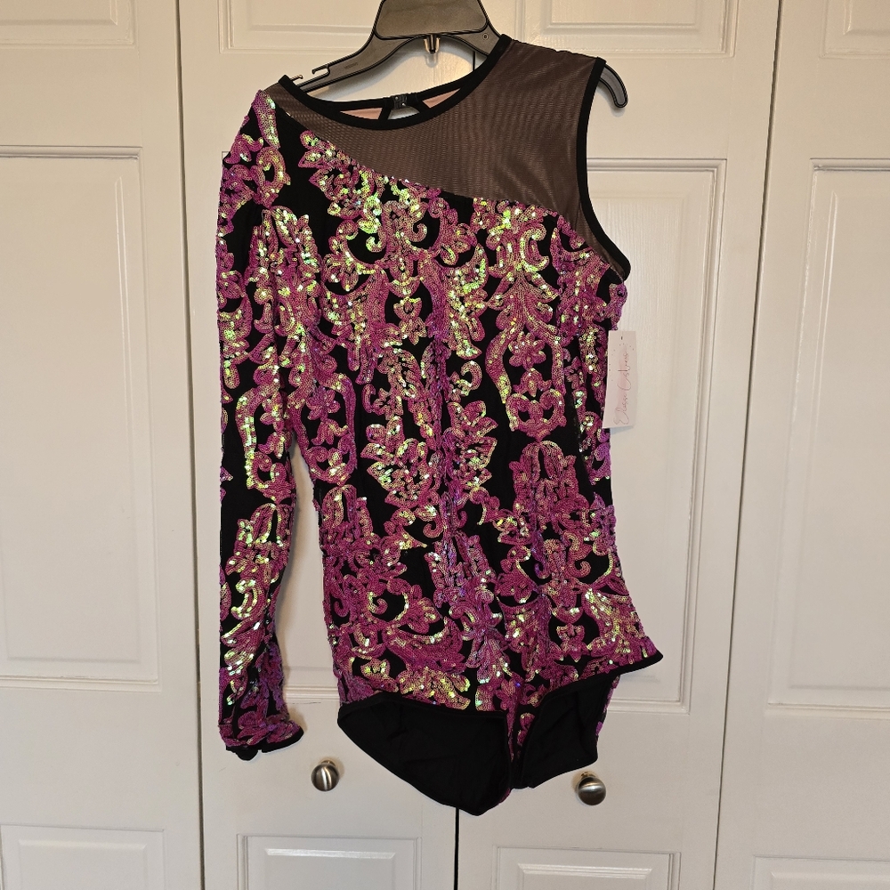 Sequin Embellished Black and Pink Women's Leotard